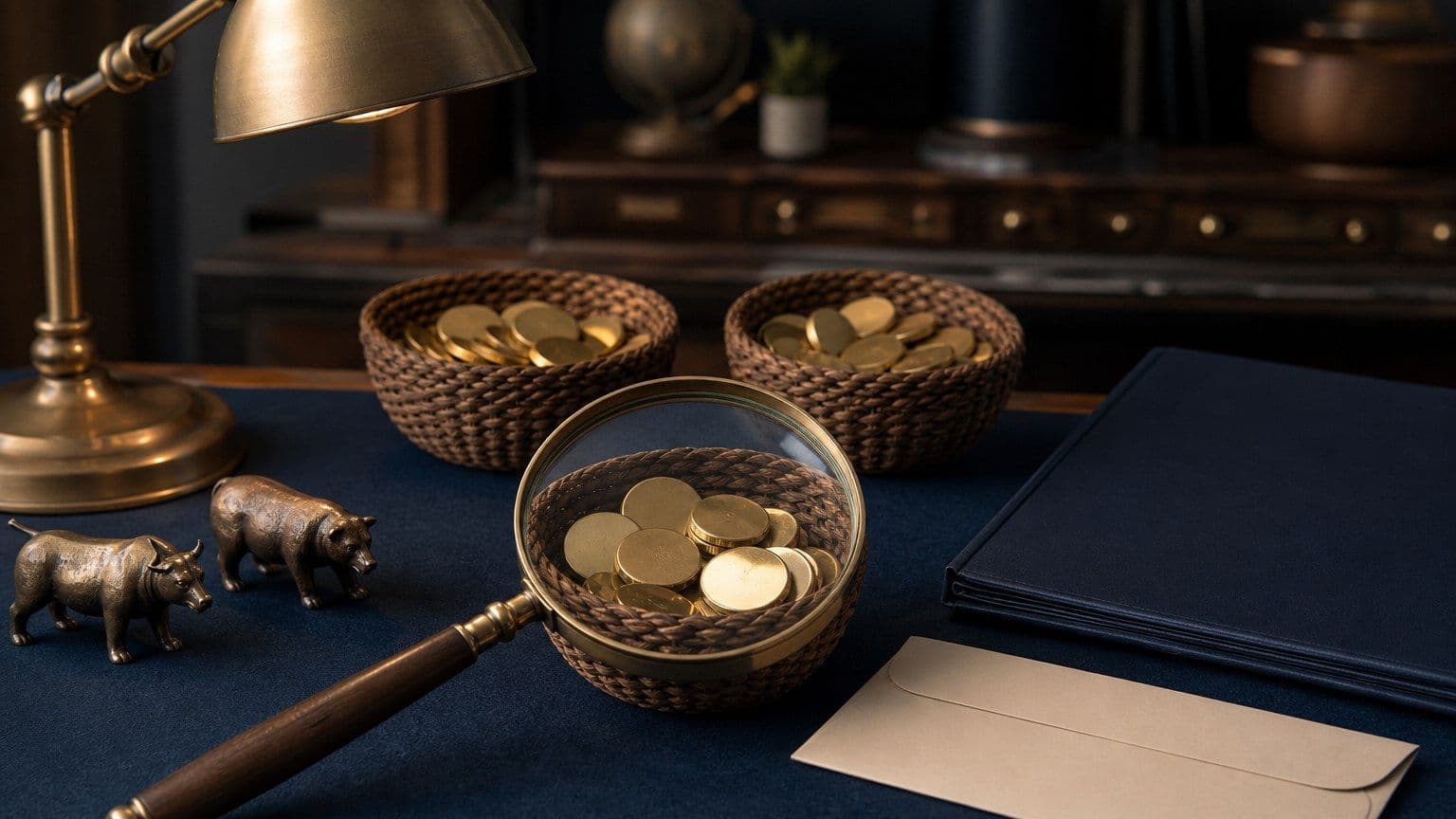 Инвестиционна маса с избран ETF фонд, празни документи за такси и дискретни символи на борсов риск.